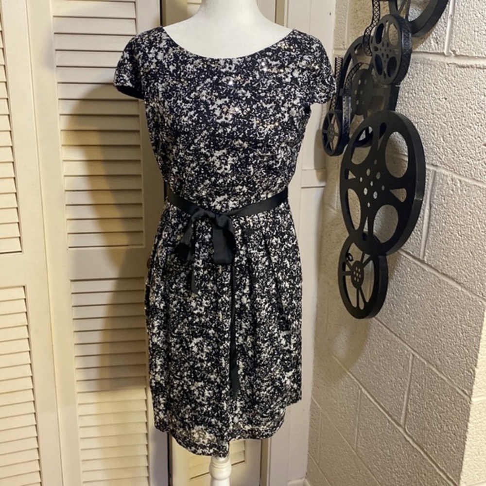 VINTAGE ALEX EVENING dress size 10 Petite with sequins and a ribbon tied waist